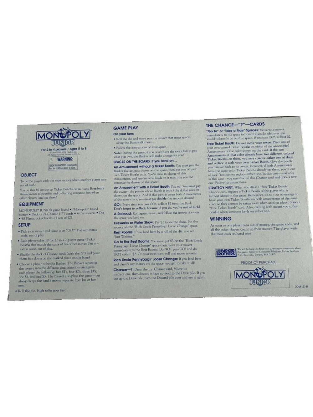 Monopoly Junior Amusement Park Instructions Rules Sheet Replacement 1996 Hasbro